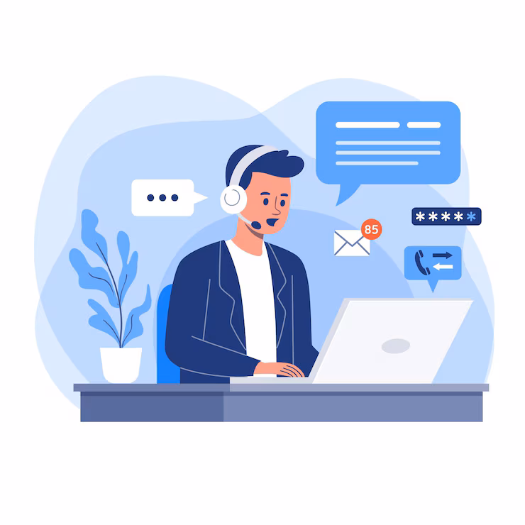Illustration of customer support agent with headset assisting travelers, symbolizing 24/7 service for hotels in Pakistan.