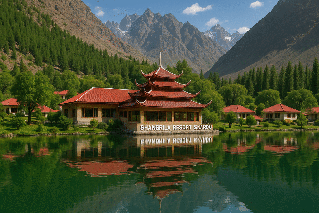 Scenic view of Shangrila Resort Skardu with its red-roofed pagoda building reflected in a tranquil lake, surrounded by green trees and mountains, showcasing beautiful nature stays among top hotels in Pakistan.