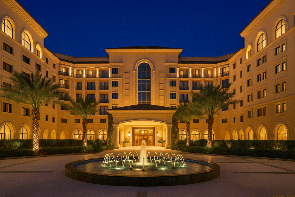 Night view of Serena Hotel Islamabad with illuminated fountains, palm trees, and elegant architecture, showcasing one of the finest hotels in Pakistan.