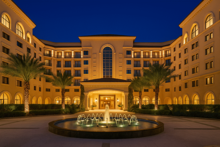 Night view of Serena Hotel Islamabad with illuminated fountains, palm trees, and elegant architecture, showcasing one of the finest hotels in Pakistan.