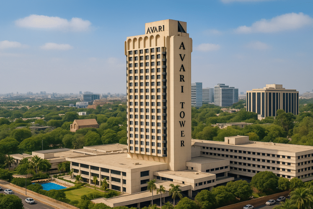 Avari Towers Karachi high-rise hotel with modern architecture, city skyline, and outdoor pool, representing luxury accommodation among top hotels in Pakistan