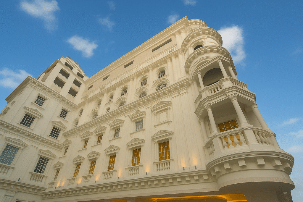 Luxus Grand Hotel Lahore white neoclassical building with ornate balconies and bright windows under a blue sky, highlighting elegant architecture and premium service among top hotels in Pakistan.