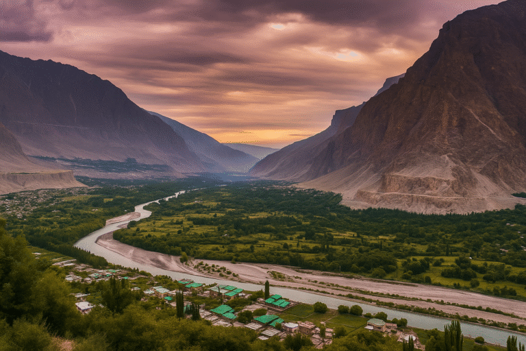 Beautiful panoramic view of Hunza Valley at sunset with a winding river, lush green fields, mountain slopes, and scattered village houses under a colorful sky.