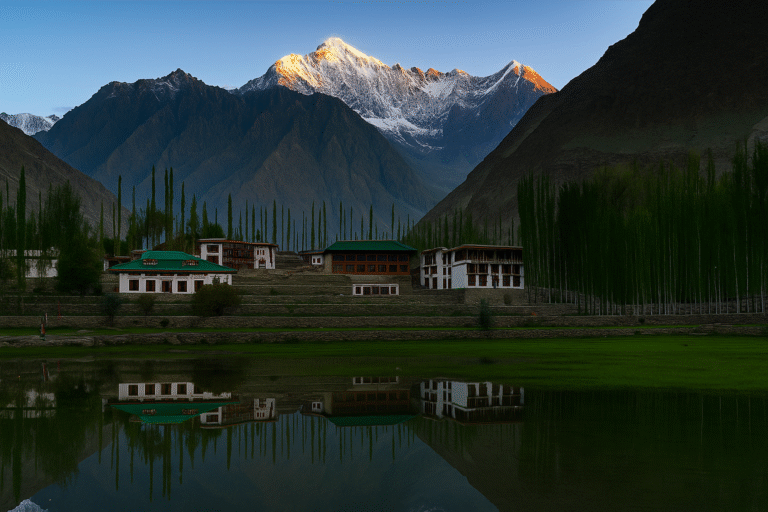 Scenic view of Skardu with traditional buildings, lush green fields, tall poplar trees, and snow-capped mountains reflecting in a calm water surface at sunset.