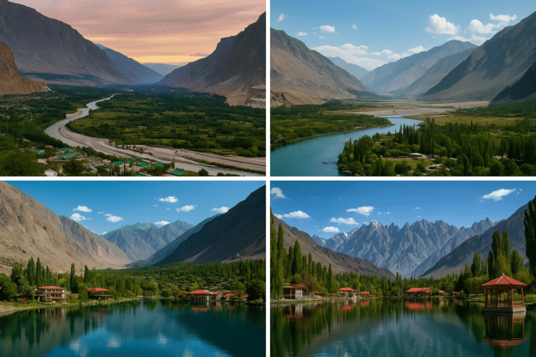 Collage of stunning Skardu scenery featuring Skardu town, lush Skardu Valley, and beautiful lakeside resorts surrounded by mountains and clear blue lakes.