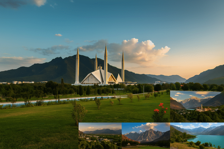 Scenic view of Faisal Mosque and Margalla Hills at sunset, representing the serene surroundings near affordable hotels in Islamabad, Pakistan.