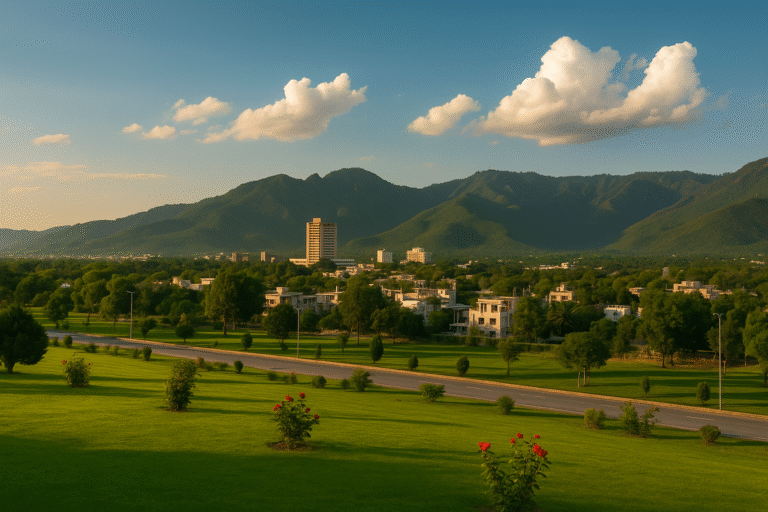 Beautiful cityscape of Islamabad with Margalla Hills and modern buildings, showcasing the serene surroundings near affordable hotels in Islamabad, Pakistan.