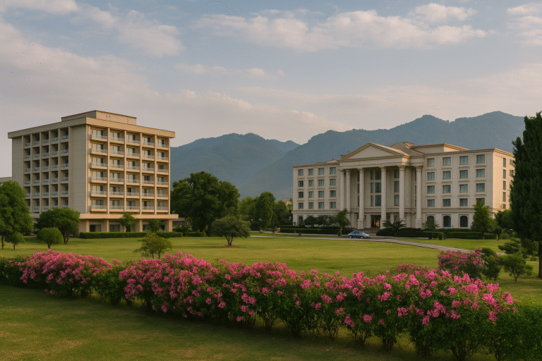 Beautiful view of two luxury hotels in Islamabad surrounded by green lawns, blooming flowers, and the Margalla Hills in the background.