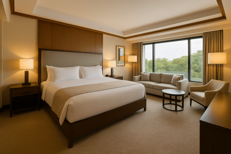 remium hotel room interior in Islamabad featuring a king-size bed, modern furniture, and large windows with a scenic view, perfect for guests seeking top hotels in Islamabad.
