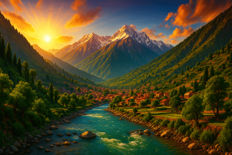 Scenic view of Swat Valley with river, mountains, and village, showcasing the beautiful location of 5 star hotels in Swat