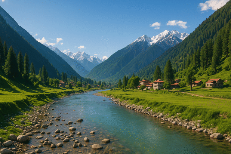 Scenic river and mountain view in Swat Valley with charming village, highlighting the natural beauty near 5 star hotels in Swat.