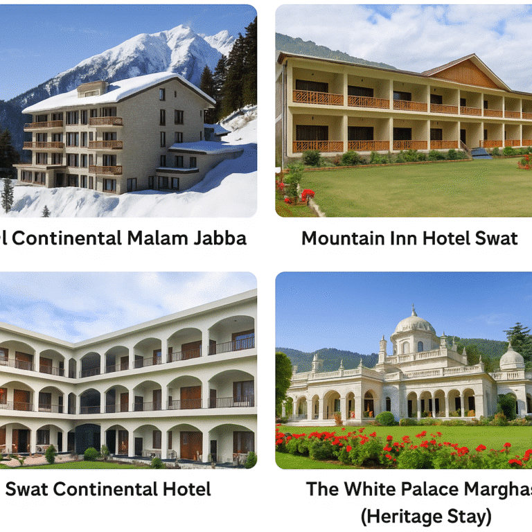 Collage of luxury stays including Pearl Continental Malam Jabba, Mountain Inn Hotel Swat, Swat Continental Hotel, and The White Palace Marghazar, highlighting comfort like 5 star hotels in Islamabad