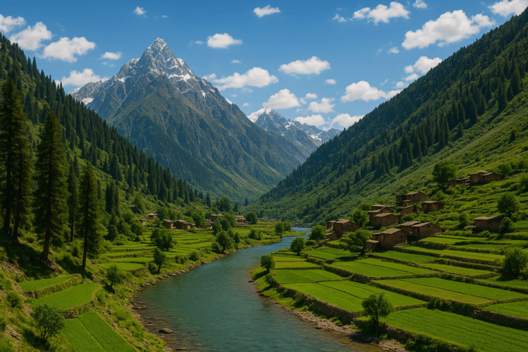 Breathtaking panoramic view of Swat Valley featuring lush green terraced fields, a winding turquoise river, and traditional hillside homes under snow-capped mountains — perfect representation of Swat Pakistan tourism.