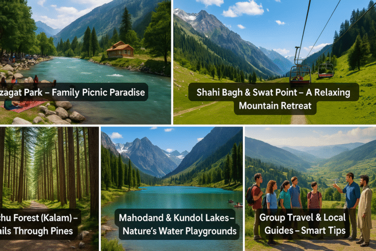 A horizontal collage showcasing top tourist attractions of Swat Pakistan Tourism, including Fizagat Park, Shahi Bagh, Malam Jabba, Ushu Forest, Mahodand and Kundol Lakes, and group travel with local guides in scenic valleys.