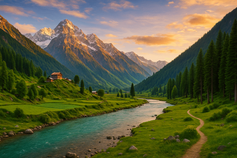 Breathtaking sunset view of Swat Valley, Pakistan, featuring snow-capped mountains, a turquoise river, lush green meadows, and wooden cottages — a perfect scene showcasing Swat Pakistan tourism.