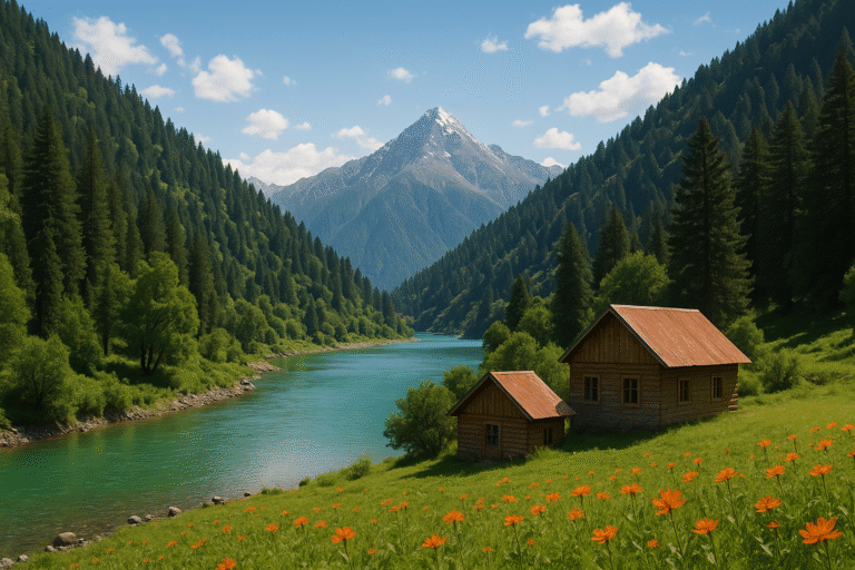 Scenic view of Swat Valley featuring turquoise river, wooden cottages, lush green forest, and snow-capped mountains under a clear blue sky – perfect for Swat Pakistan Tourism.