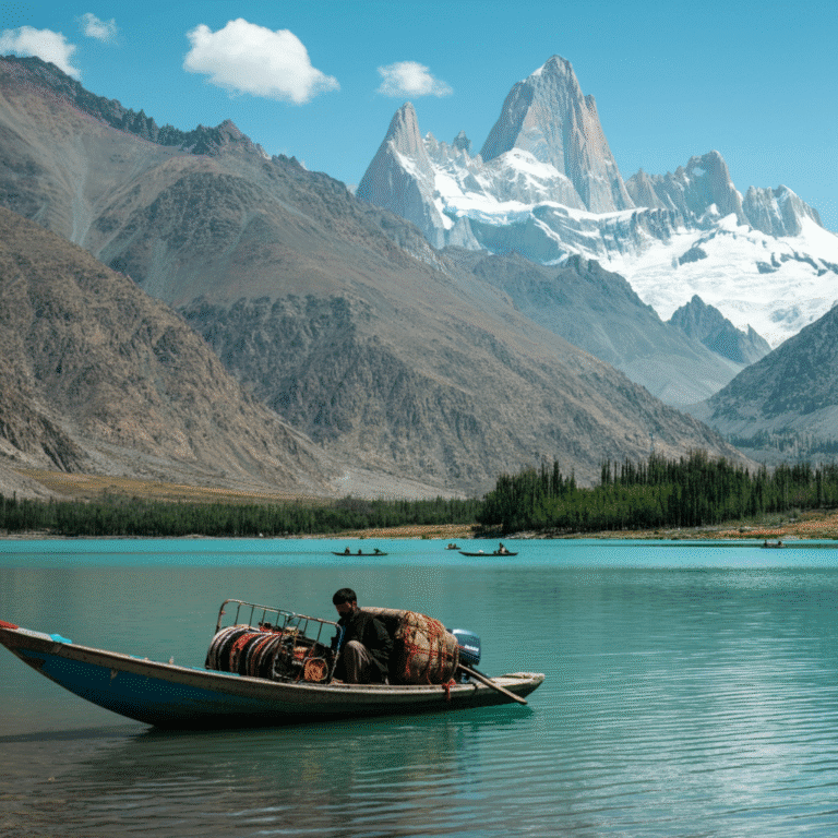 Local man on a wooden boat in a turquoise lake surrounded by majestic mountains in Gilgit Baltistan, Pakistan.