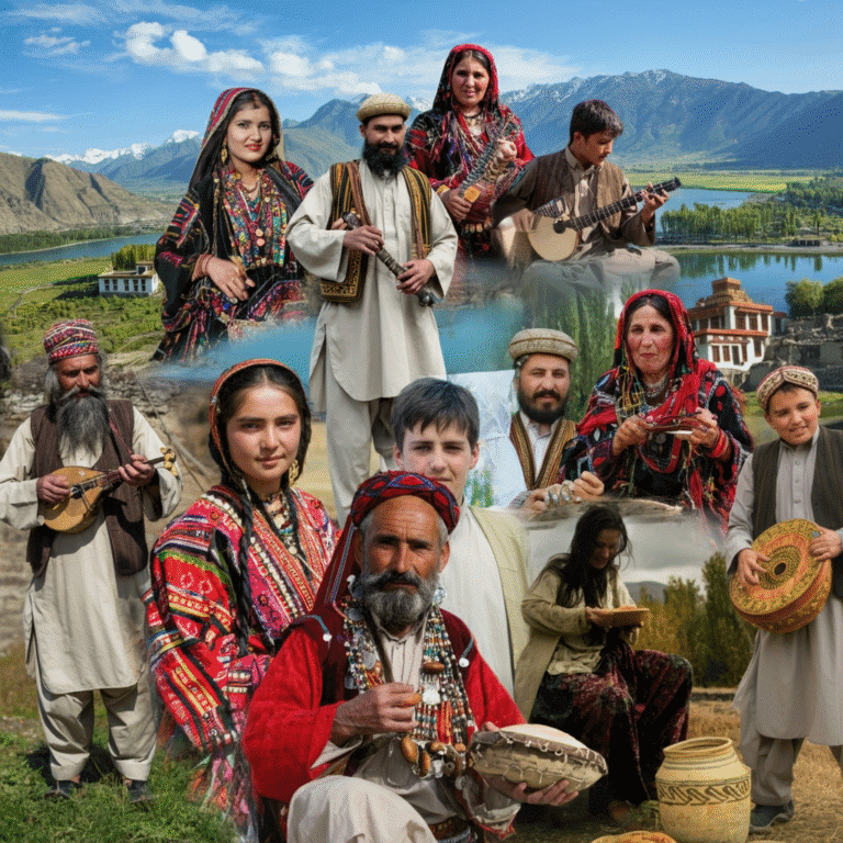 Men, women, and children in colorful traditional attire celebrating culture and music with stunning Gilgit Baltistan landscapes in the background.