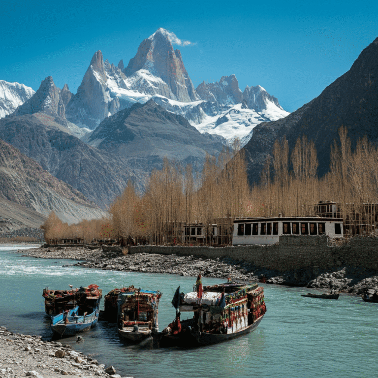 Traditional boats on a clear river with stunning snow-capped peaks in Naran Kaghan Valley, Pakistan.
