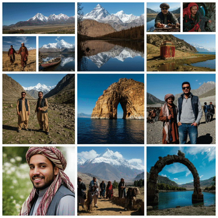 Beautiful collage showcasing Gilgit Baltistan’s majestic mountains, local people, traditional life, and iconic natural landmarks in Pakistan.