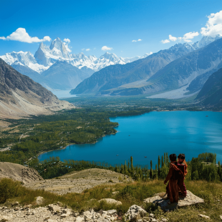 Two local children enjoying breathtaking views of a blue lake surrounded by high mountains in Naran Kaghan, Pakistan.