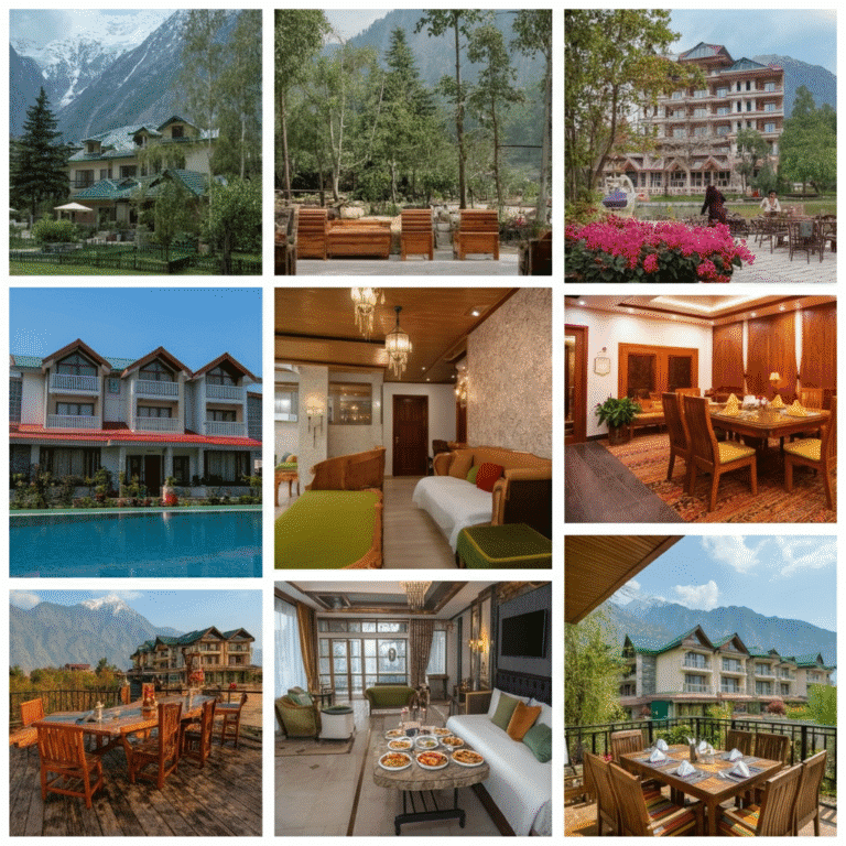 Beautiful hotels, cozy interiors, dining spaces, and outdoor seating areas offering comfortable stays in Naran Kaghan, Pakistan.