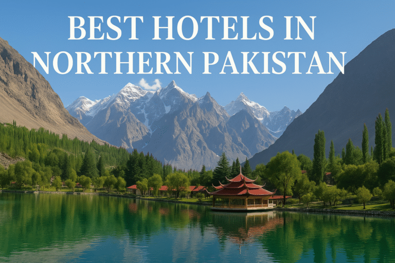 A luxurious mountain-view hotel terrace in the heart of Gilgit-Baltistan, showcasing the best hotels in northern Pakistan with scenic snow-covered peaks and lush valleys.