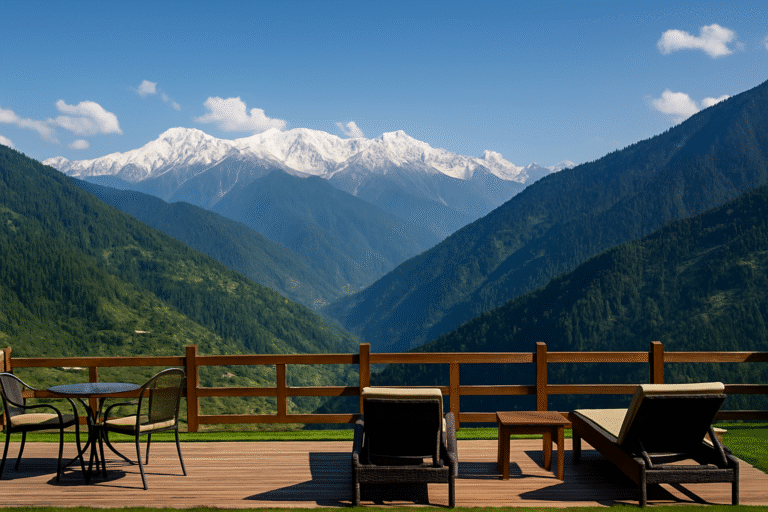 A scenic hotel balcony overlooking the snow-capped mountains and lush green valleys of northern Pakistan, representing the best hotels in northern Pakistan for nature-loving travelers.