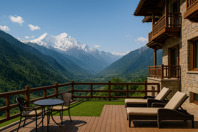 A panoramic view from a hotel terrace featuring elegant outdoor seating and breathtaking snow-capped mountains, highlighting the best hotels in northern Pakistan for luxury and nature escapes.